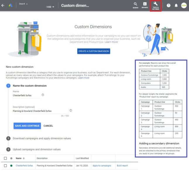 Google Ads testing custom dimensions to enable reporting based on your business structure -