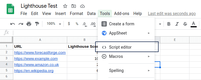 How to show Lighthouse Scores in Google Sheets with a custom function