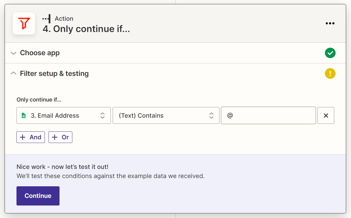 How to Automate Dull SEO Tasks | Filter action: Only continue if email address contains "@"