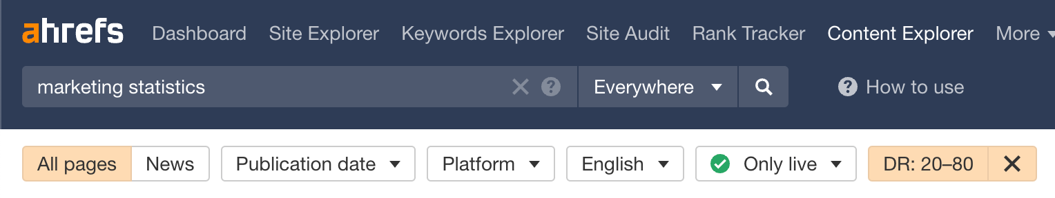 How to Automate Dull SEO Tasks | Filtering for live, English webpages on sites with a DR between 20 and 80, via Ahrefs' Content Explorer