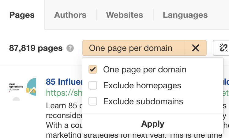 How to Automate Dull SEO Tasks | Ahrefs' Content Explorer "One page per domain" setting