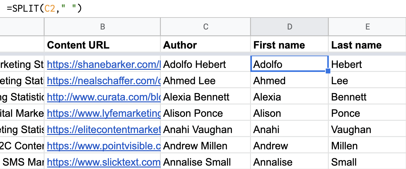 How to Automate Dull SEO Tasks | Using the =SPLIT() formula in Google Sheets to split author names based on the space between the first and last names