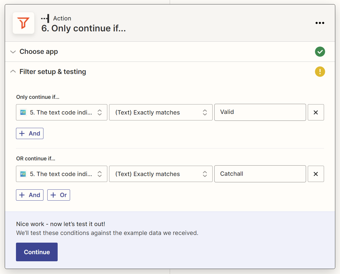 How to Automate Dull SEO Tasks | Filter action: Only continue if NeverBounce status text code is "Valid" or "Catchall"