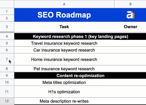 How to Build an SEO Roadmap in 7 Steps (Template Included) | Moving rows to re-prioritize
