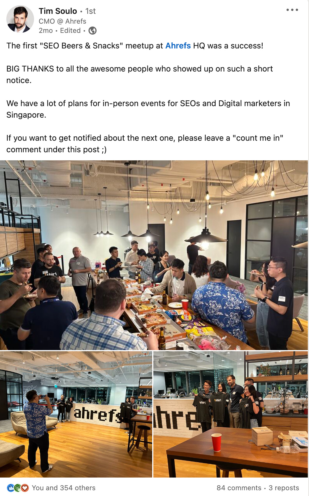 17 Actionable Marketing Tips (That You Can Apply Right Away) | Tim's Linkedin post on Ahrefs' beer and snacks event