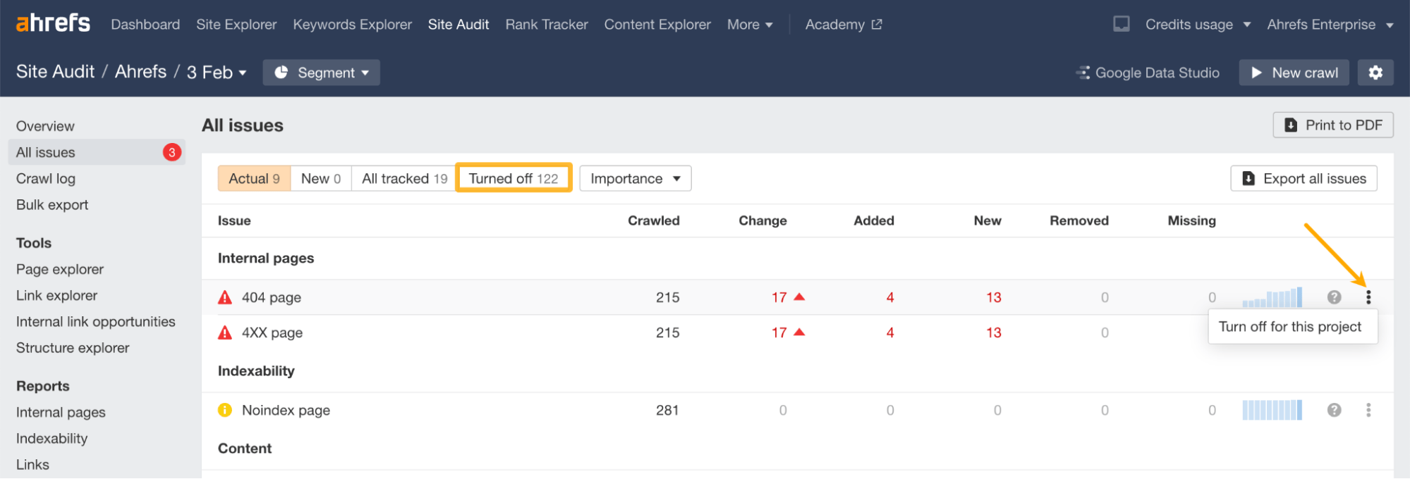 12 Things That Only Ahrefs Can Do | "All issues" report, via Ahrefs' Site Audit