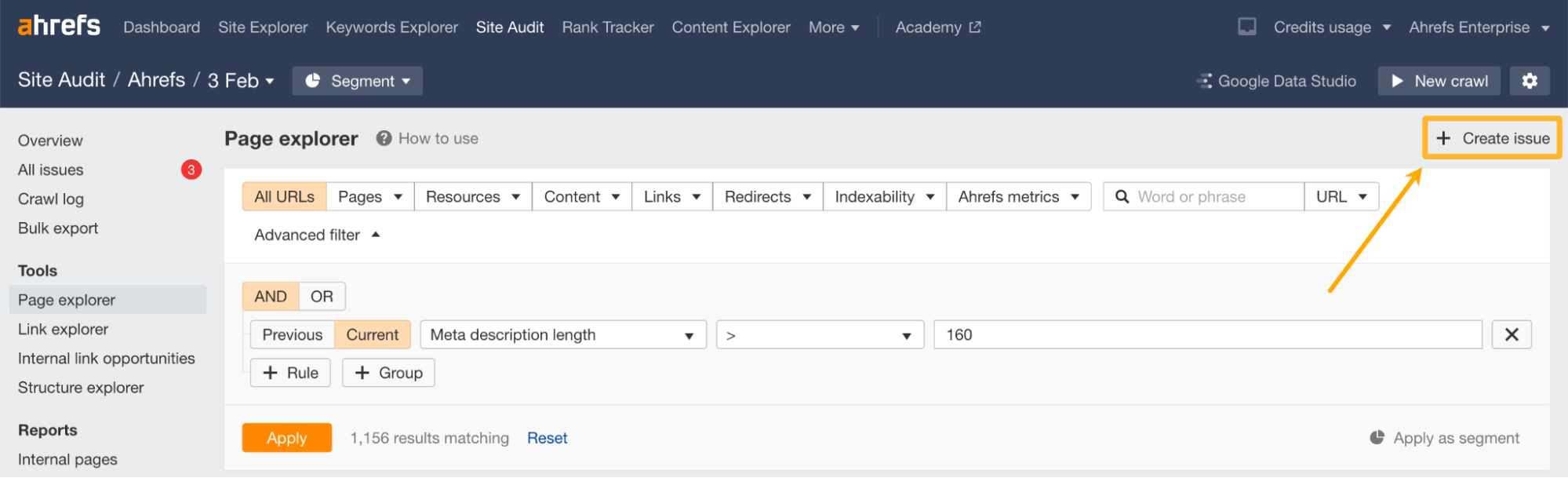 12 Things That Only Ahrefs Can Do | "Create issue" button under the Page explorer report, via Ahrefs' Site Audit