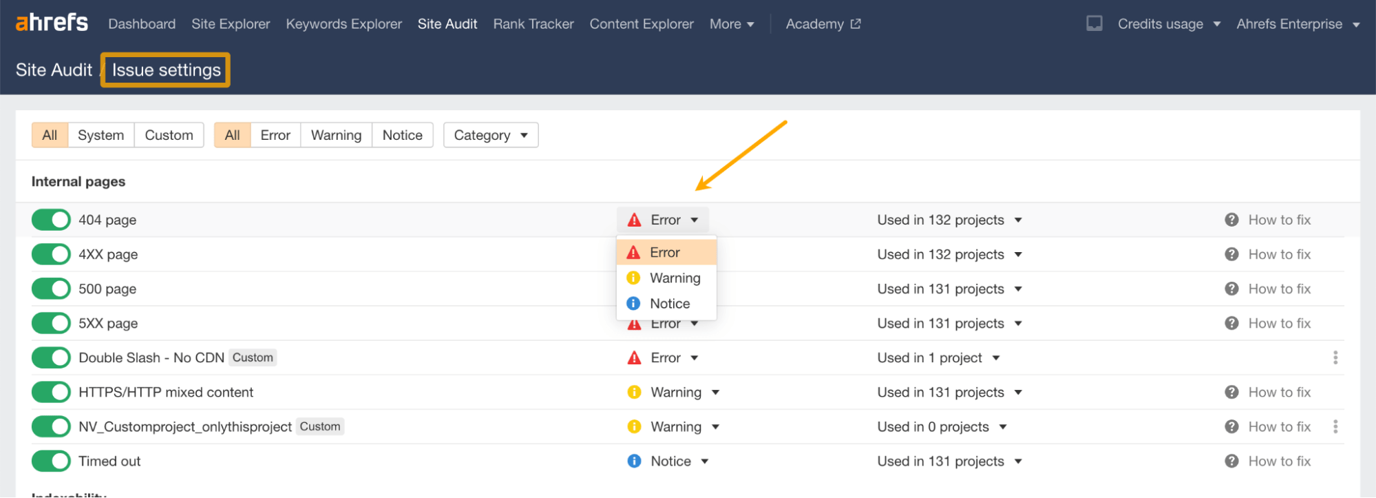 12 Things That Only Ahrefs Can Do | Global issue settings, via Ahrefs' Site Audit