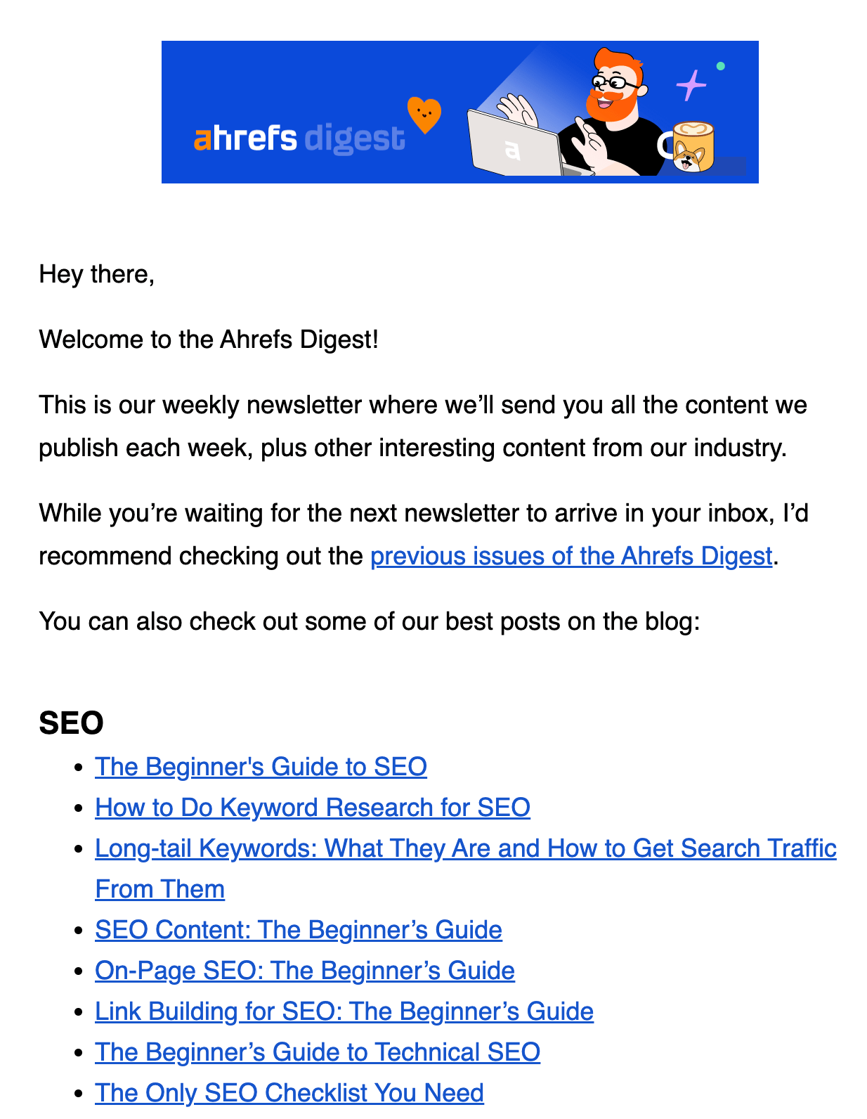Marketing Funnels: Everything You Need to Know | Welcome email for the Ahrefs newsletter