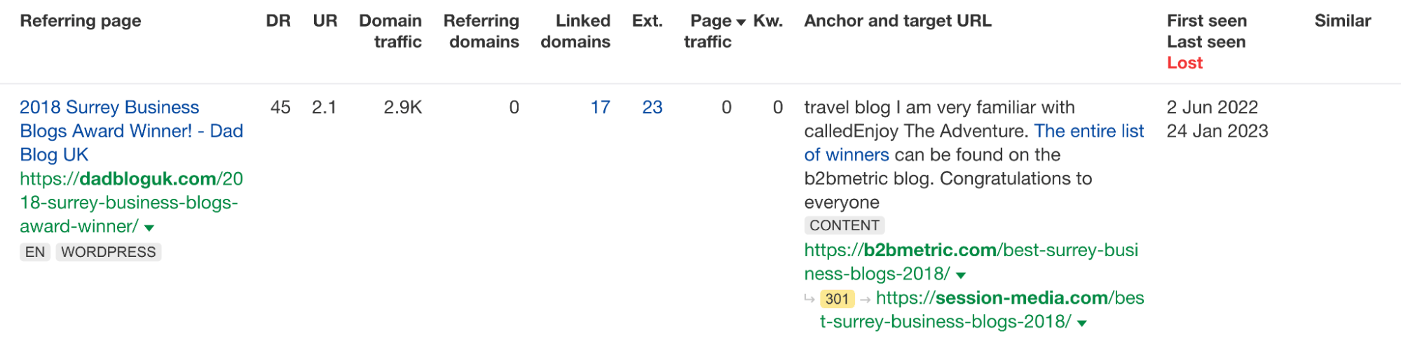 Get These 6 Types of Backlinks (+ 4 Types to Avoid) | Example of embedded badge link in the Backlinks report, via Ahrefs' Site Explorer