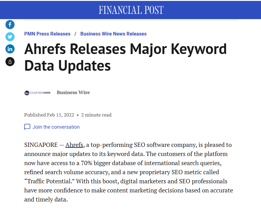 Get These 6 Types of Backlinks (+ 4 Types to Avoid) | Example of a good press release by Ahrefs