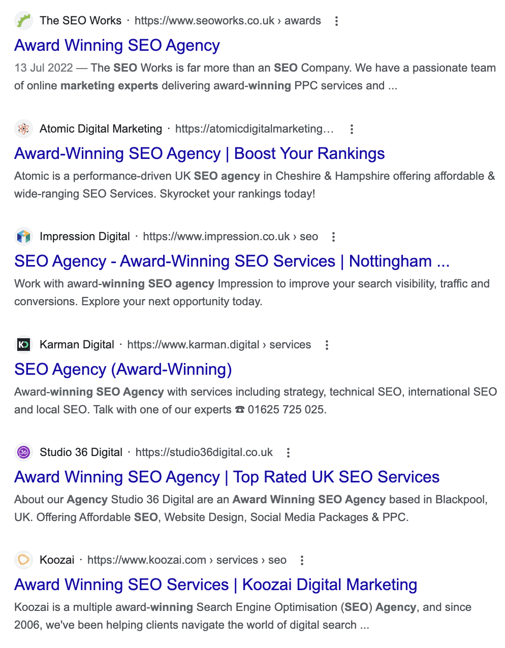 What Do SEO Agencies Do? (And Tips for Choosing One) | Google SERP showing many SEO agencies claiming to be award-winning