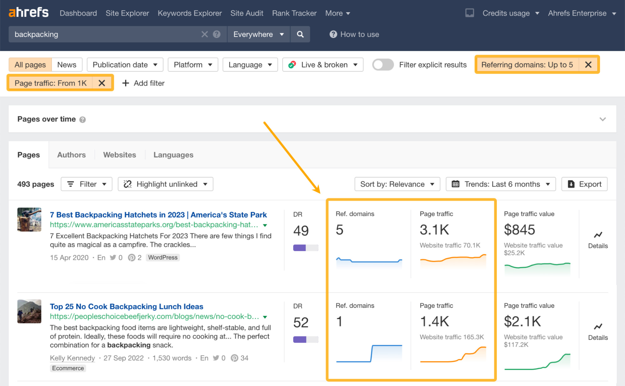 12 Things That Only Ahrefs Can Do | Page over time report with filters applied, via Ahrefs' Content Explorer