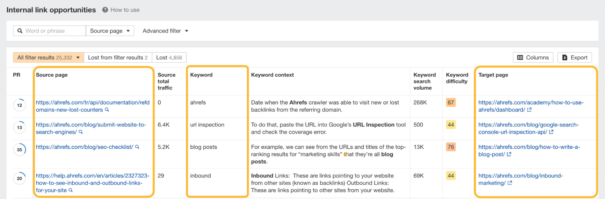 12 Things That Only Ahrefs Can Do | Internal link opportunities report, via Ahrefs' Site Audit