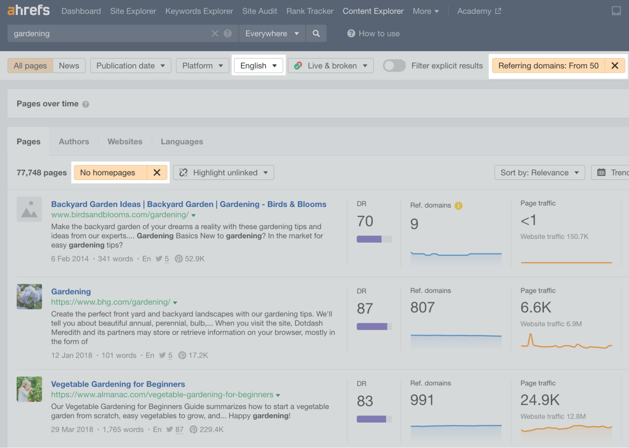 How to Execute the Skyscraper Technique (And Get Results) | Ahrefs' Content Explorer search for "gardening," with filters