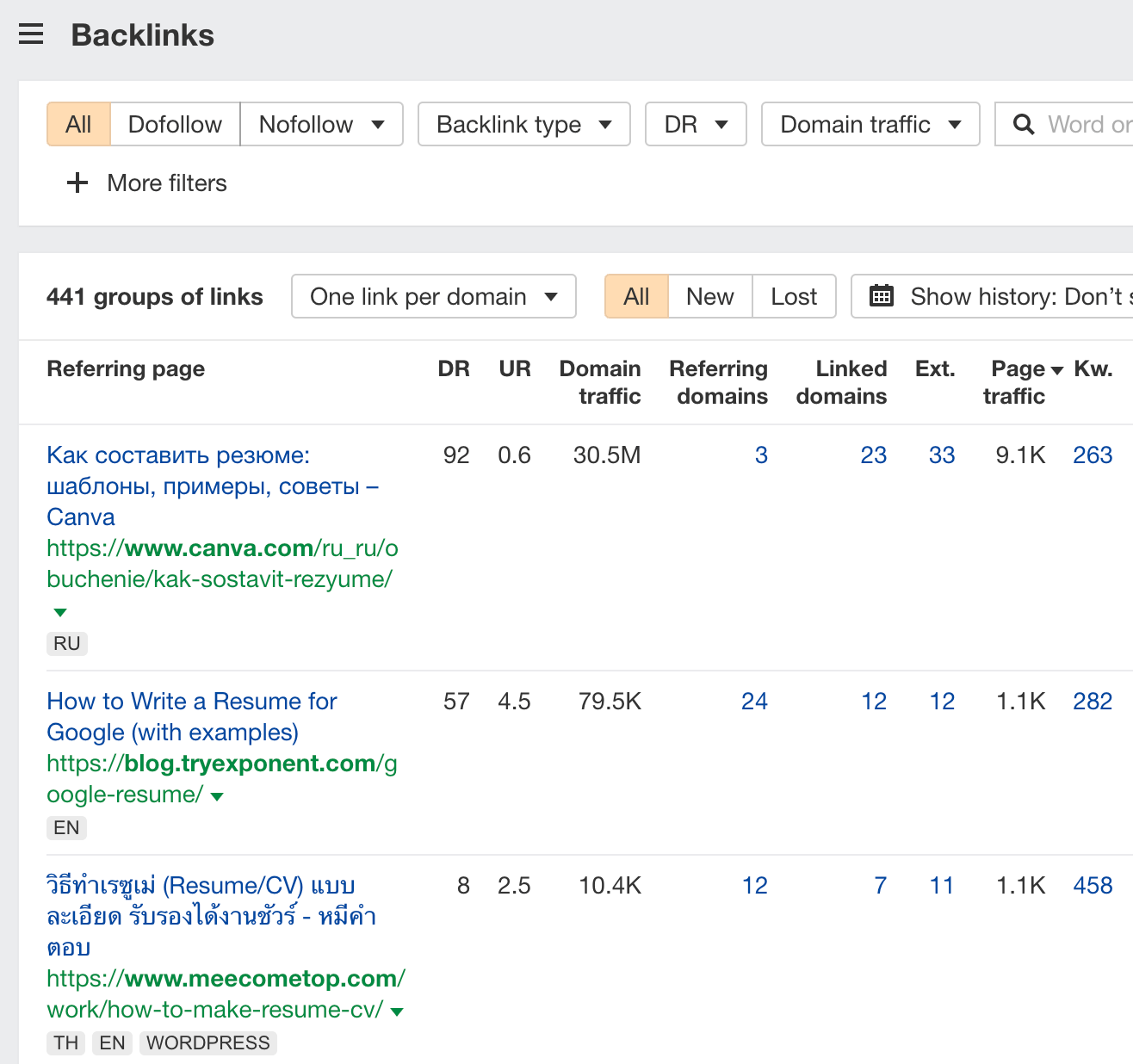 How to Execute the Skyscraper Technique (And Get Results) | Backlinks report for ResumeGenius' how to write a resume, via Ahrefs' Site Explorer