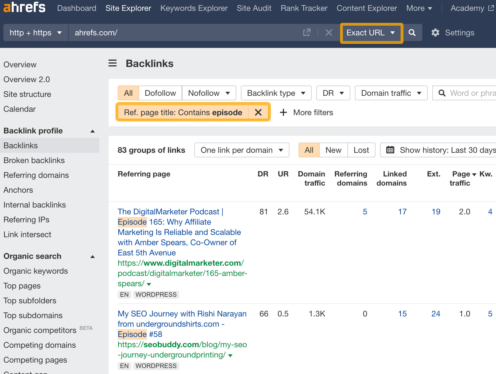 17 Actionable Marketing Tips (That You Can Apply Right Away) | How to find podcast opportunities, via Ahrefs' Site Explorer
