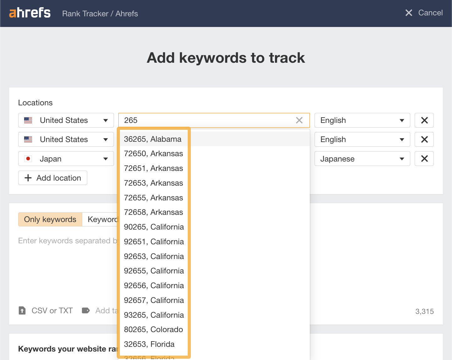 SEO for Multiple Locations (Beginner's Guide) | ZIP code selector example, via Ahrefs' Rank Tracker