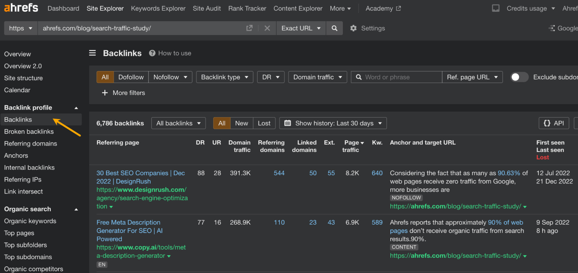 2 Types of Content Marketing KPIs You Should Track (Separately) | Backlinks report in Site Explorer