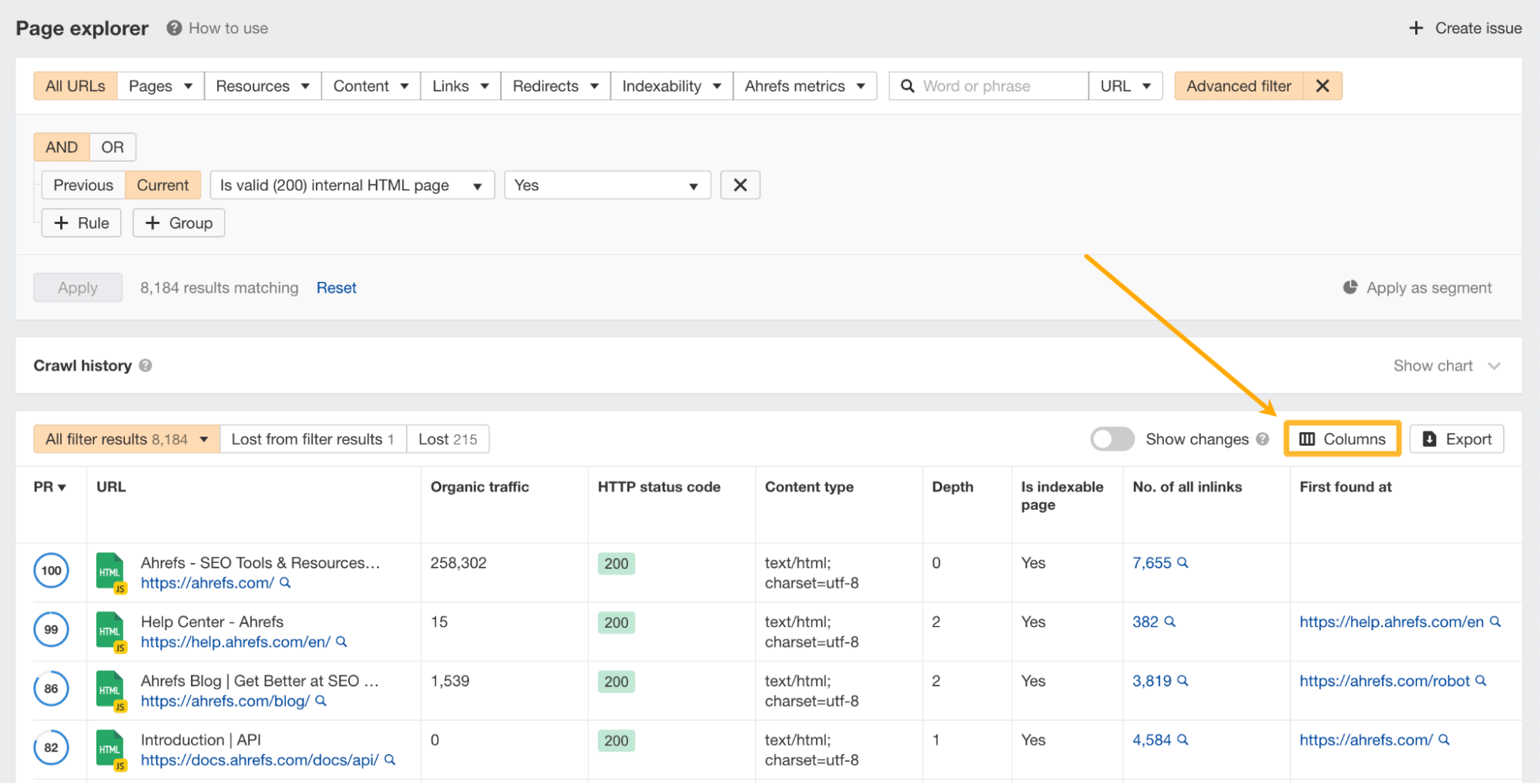 20 Lesser-Known (Yet Powerful) Ahrefs Hacks | Columns in Page explorer report, via Ahrefs' Site Audit