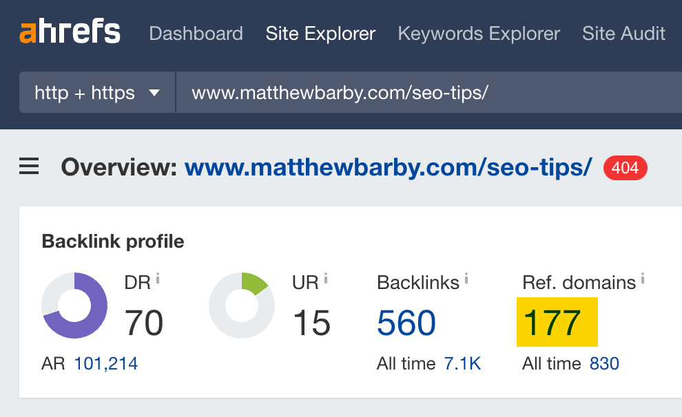 How to Find Your Competitors' Backlinks (And Get Them for Yourself) | This dead page has backlinks from 177 referring domains