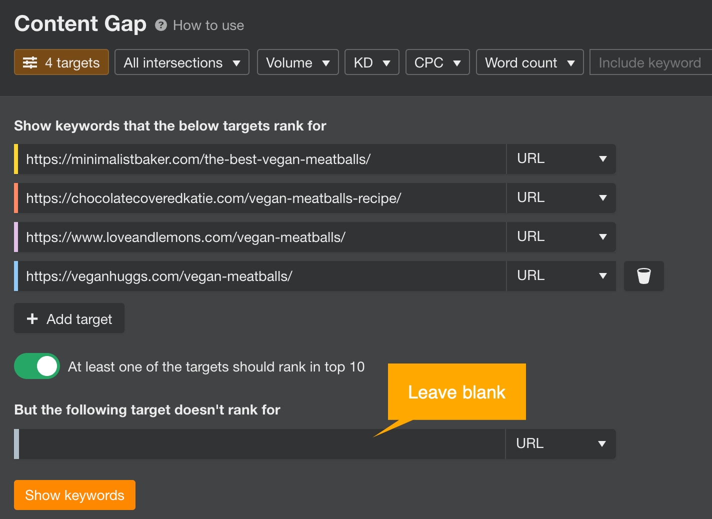 8 Most Important Types of Keywords for SEO | Content Gap tool used for secondary keyword research