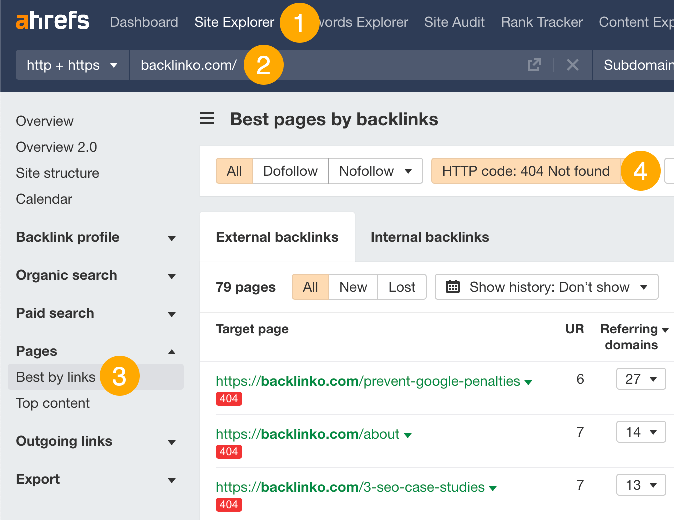 How to Find Your Competitors' Backlinks (And Get Them for Yourself) | Filtering for dead pages with backlinks in Ahrefs' Site Explorer