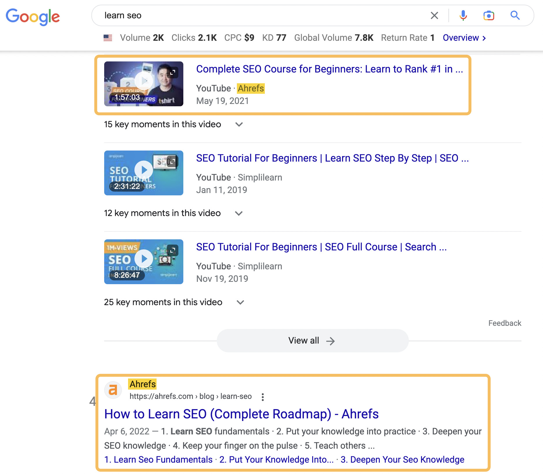 E-commerce Marketing 101: How to Maximize Sales | SERP results for "learn seo" showing both a YouTube video and blog post from Ahrefs