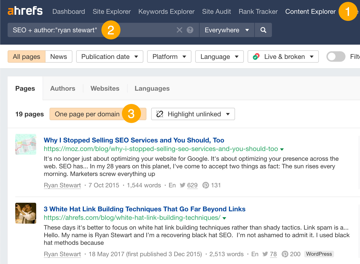 How to Find Your Competitors' Backlinks (And Get Them for Yourself) | Searching for content by a prolific guest blogger in Ahrefs' Content Explorer