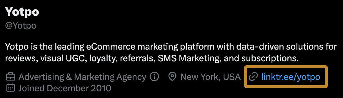 We Studied 100 SaaS Twitter Profiles to Uncover Top Trends: Here's What We Found | Yotpo links to a Linktree page on its profile