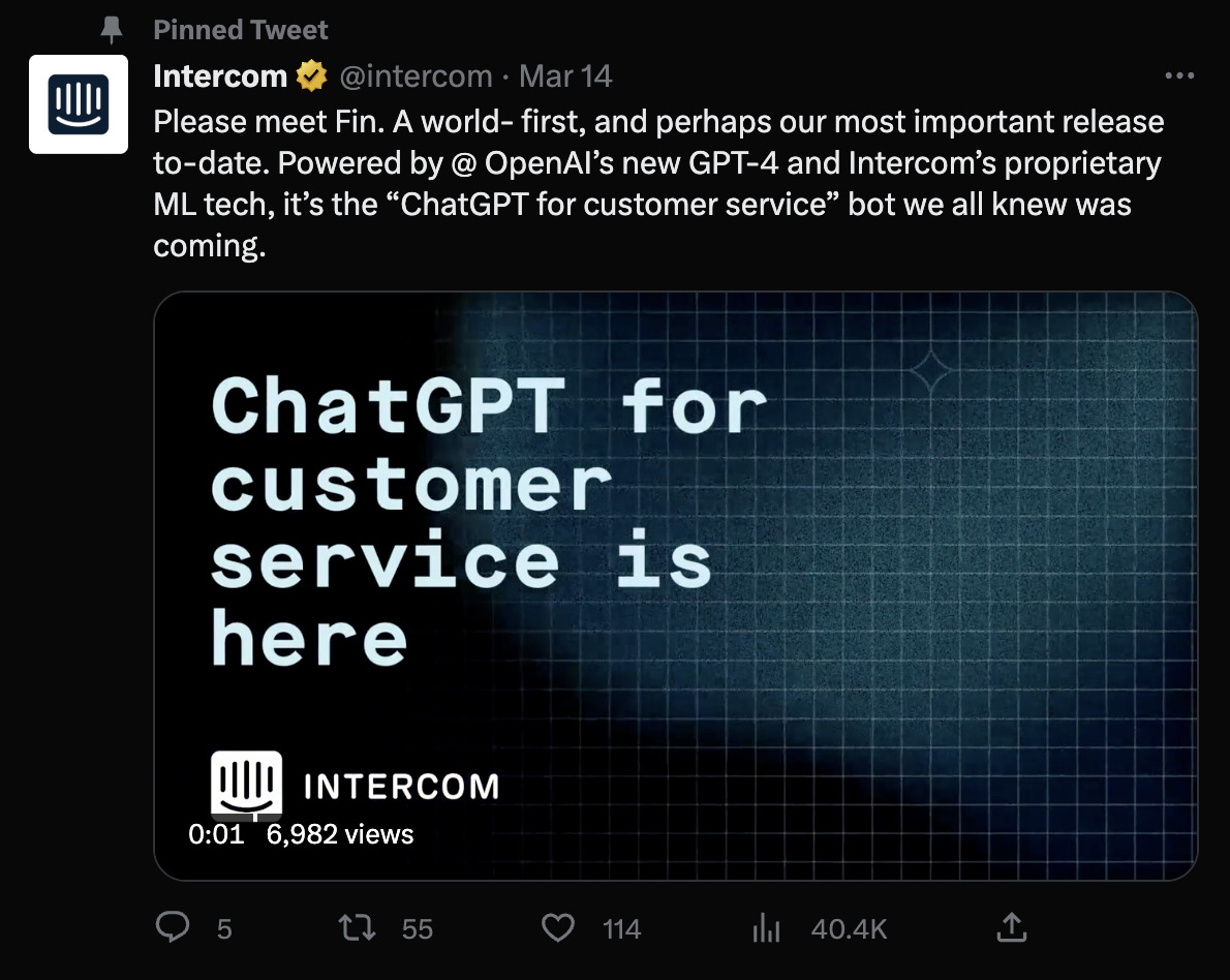 We Studied 100 SaaS Twitter Profiles to Uncover Top Trends: Here's What We Found | Intercom's pinned tweet announces a new product feature