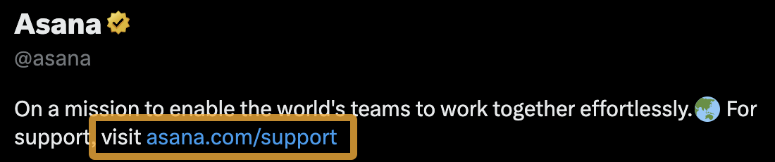 We Studied 100 SaaS Twitter Profiles to Uncover Top Trends: Here's What We Found | Asana links to its support page in its bio