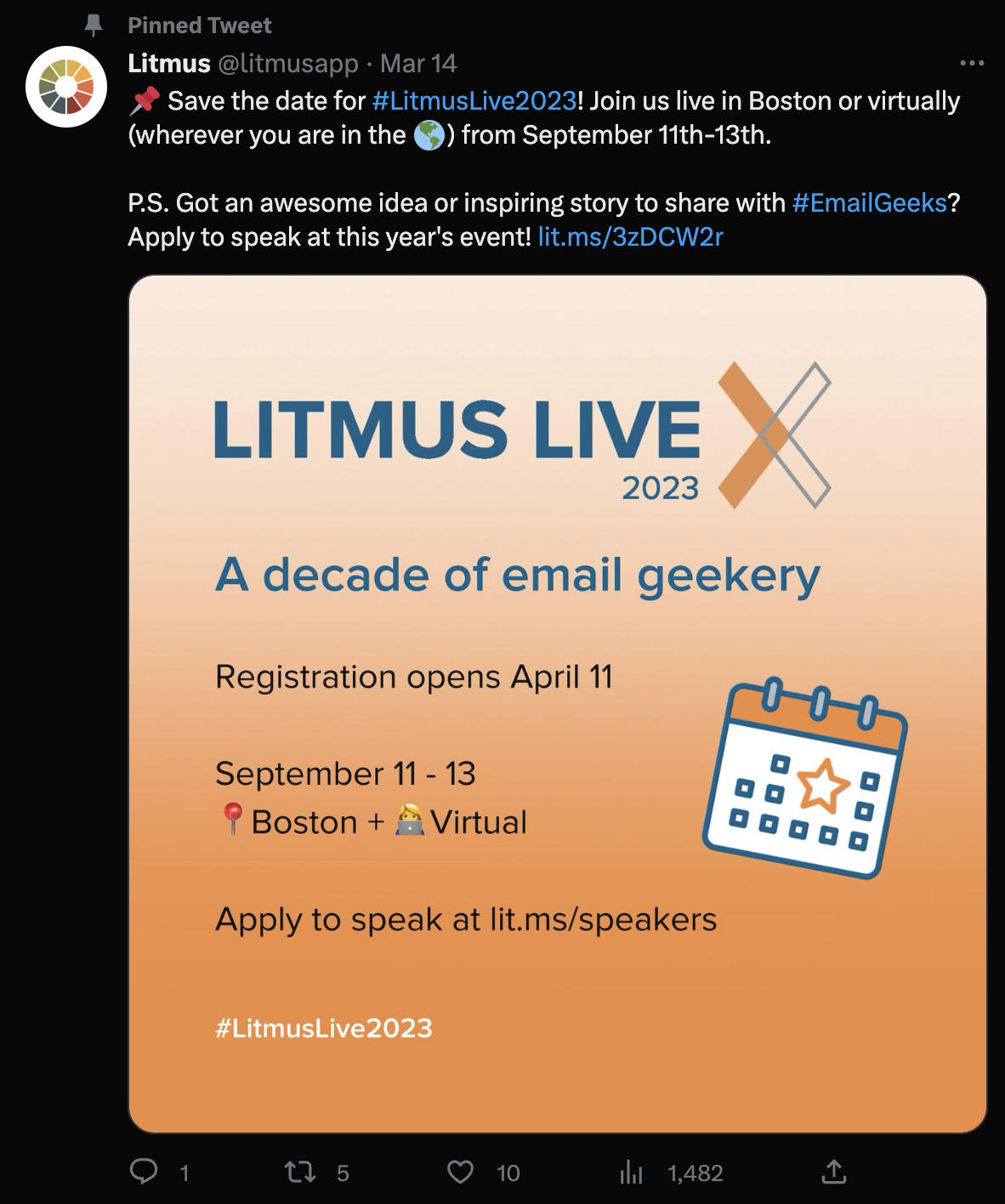 We Studied 100 SaaS Twitter Profiles to Uncover Top Trends: Here's What We Found | Litmus' pinned tweet announces an upcoming conference