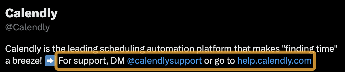 We Studied 100 SaaS Twitter Profiles to Uncover Top Trends: Here's What We Found | Calendly links to both its support page and support profile in its bio