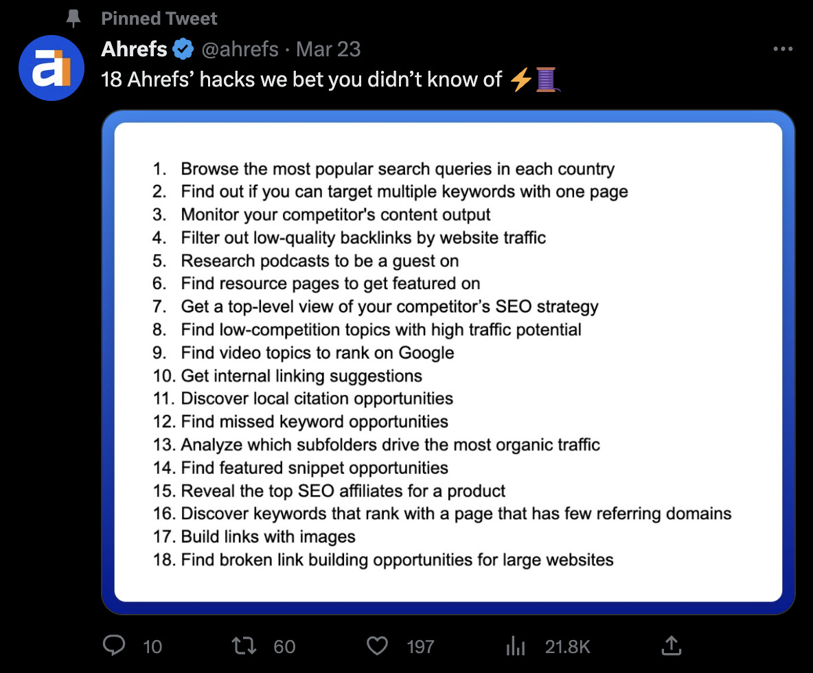 We Studied 100 SaaS Twitter Profiles to Uncover Top Trends: Here's What We Found | Our pinned tweet is a thread with 18 Ahrefs hacks