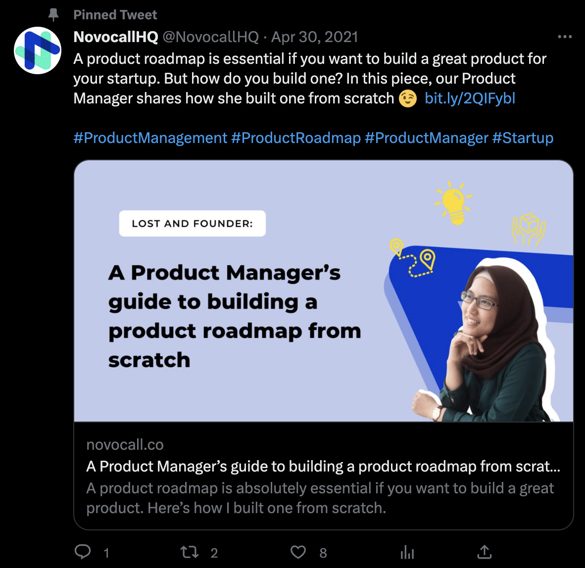 We Studied 100 SaaS Twitter Profiles to Uncover Top Trends: Here's What We Found | Novocall's pinned tweet promotes a blog post