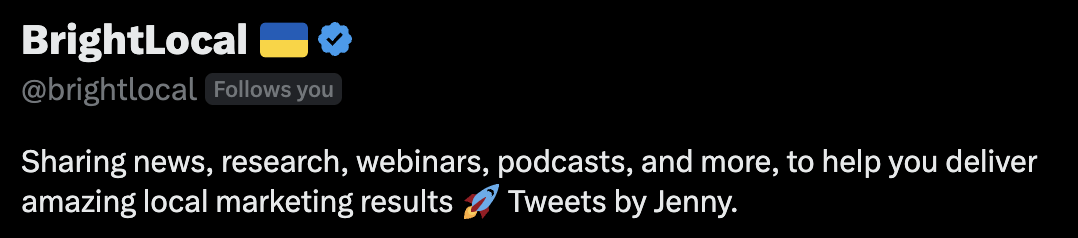 We Studied 100 SaaS Twitter Profiles to Uncover Top Trends: Here's What We Found | BrightLocal's bio explains what to expect by following it