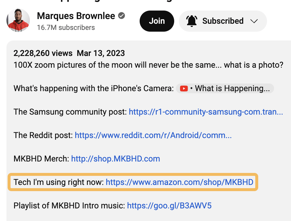 High-Ticket Affiliate Marketing: How to Make Big Commissions | MKBHD Amazon affiliate link in YouTube video description