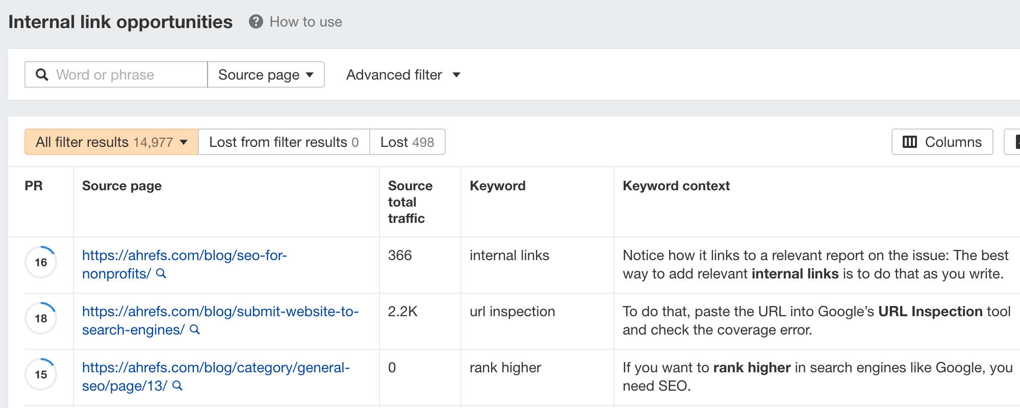 Why SEO Is Important: 8 Reasons (And How to Get Started) | Internal link opportunities report, via Ahrefs' Site Audit