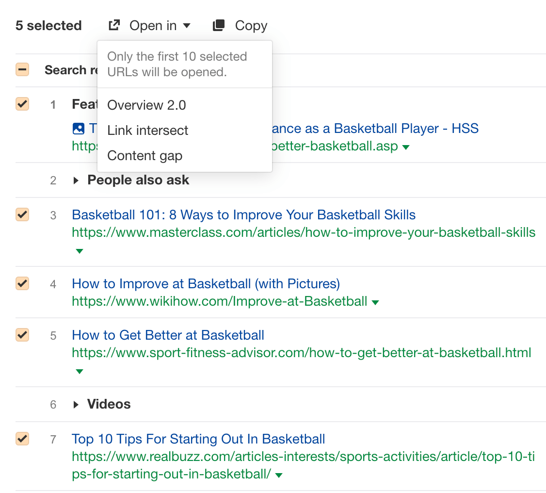 Digital Content Creation: What It Is & How to Do It Successfully | SERP overview for "how to get better at basketball," via Ahrefs' Keywords Explorer