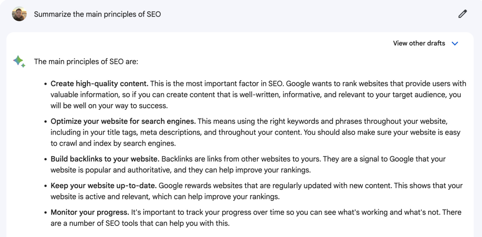 AI Copywriting (Tools to Improve Efficiency) | Asking Google Bard to summarize the main principles of SEO