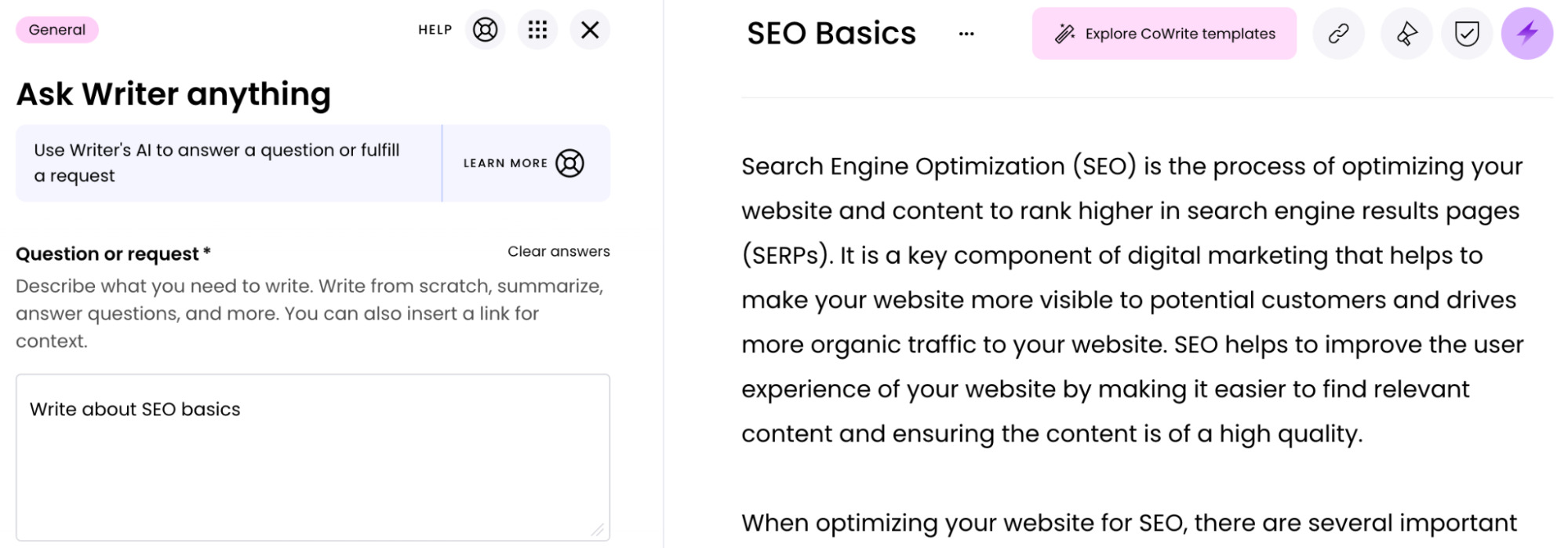 AI Copywriting (Tools to Improve Efficiency) | Asking Writer to generate a write-up about SEO basics