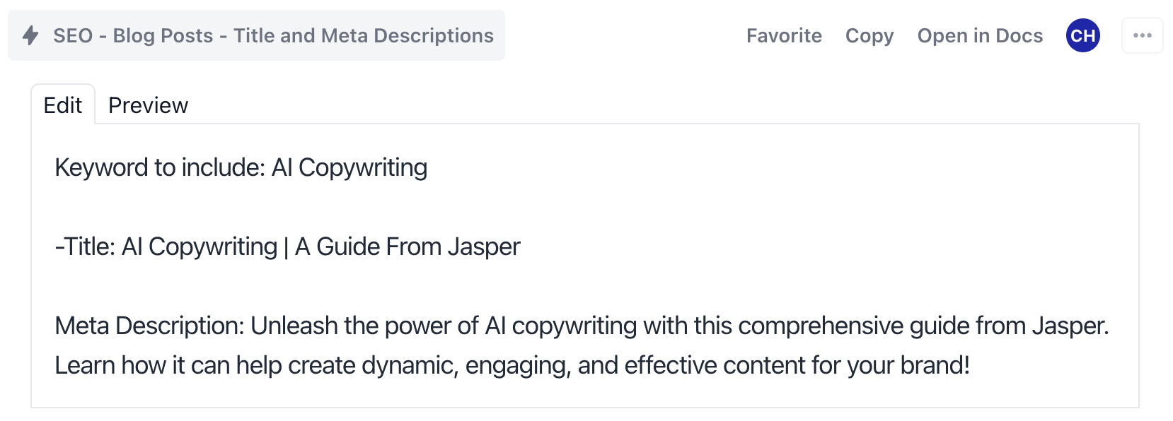 AI Copywriting (Tools to Improve Efficiency) | Jasper's copywriting output example