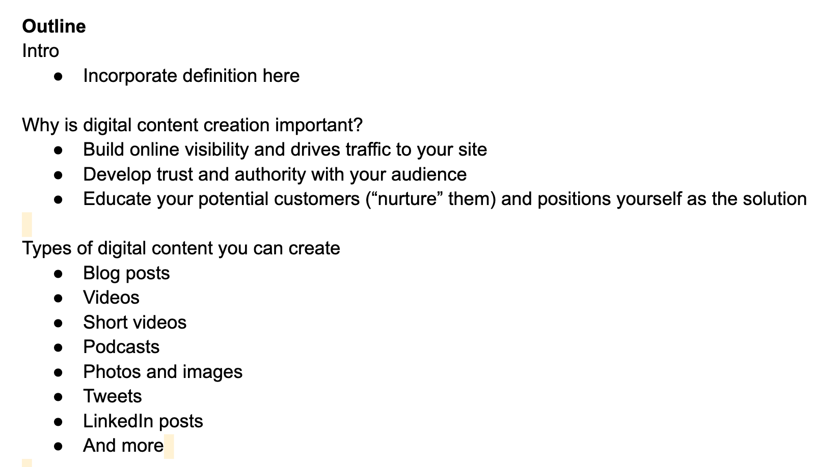 Digital Content Creation: What It Is & How to Do It Successfully | Outline of the post on digital content creation