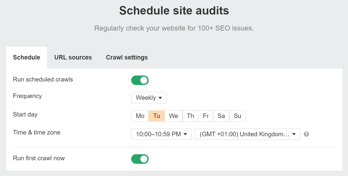 Continuous SEO: Can You "Complete" SEO? | Ahrefs' Site Audit setup screen, with option to schedule regular audits