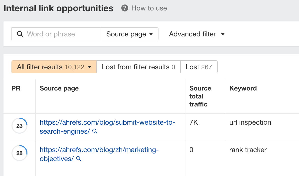 How to Improve SEO: 15 Tactics to Boost Your Rankings (That Don't Require New Content) | Internal link opportunities report, via Ahrefs' Site Audit