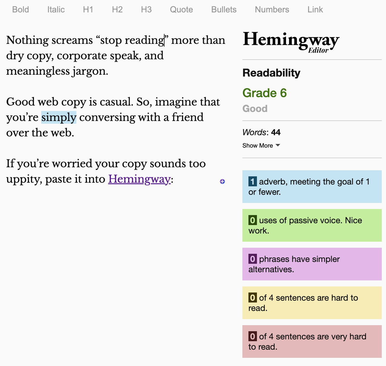 SEO Copywriting: What It Is & How to Do It | Hemingway grades your copy and gives a readability score