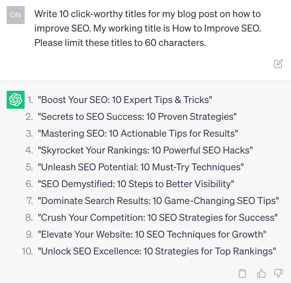 How to Improve SEO: 15 Tactics to Boost Your Rankings (That Don't Require New Content) | ChatGPT's suggestions for 10 click-worthy titles