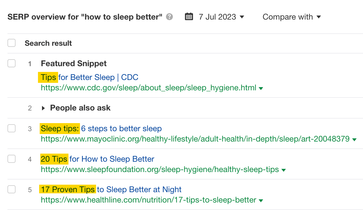 SEO Copywriting: What It Is & How to Do It | SERP overview for "how to sleep better," via Ahrefs' Keywords Explorer