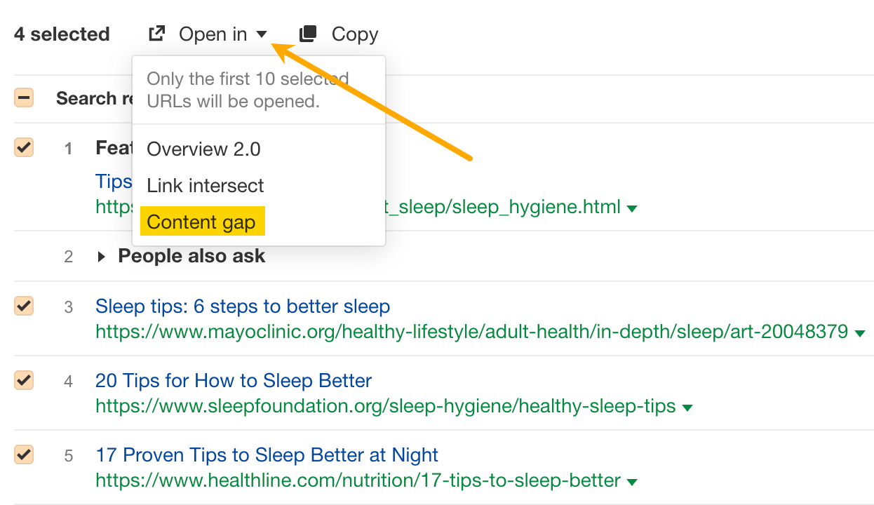 SEO Copywriting: What It Is & How to Do It | "Open in content gap" feature, via Ahrefs' Keywords Explorer